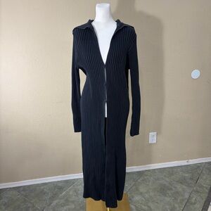 525 America Black Collar Ribbed Long Duster Sweater Cardigan Sz M Grunge Goth